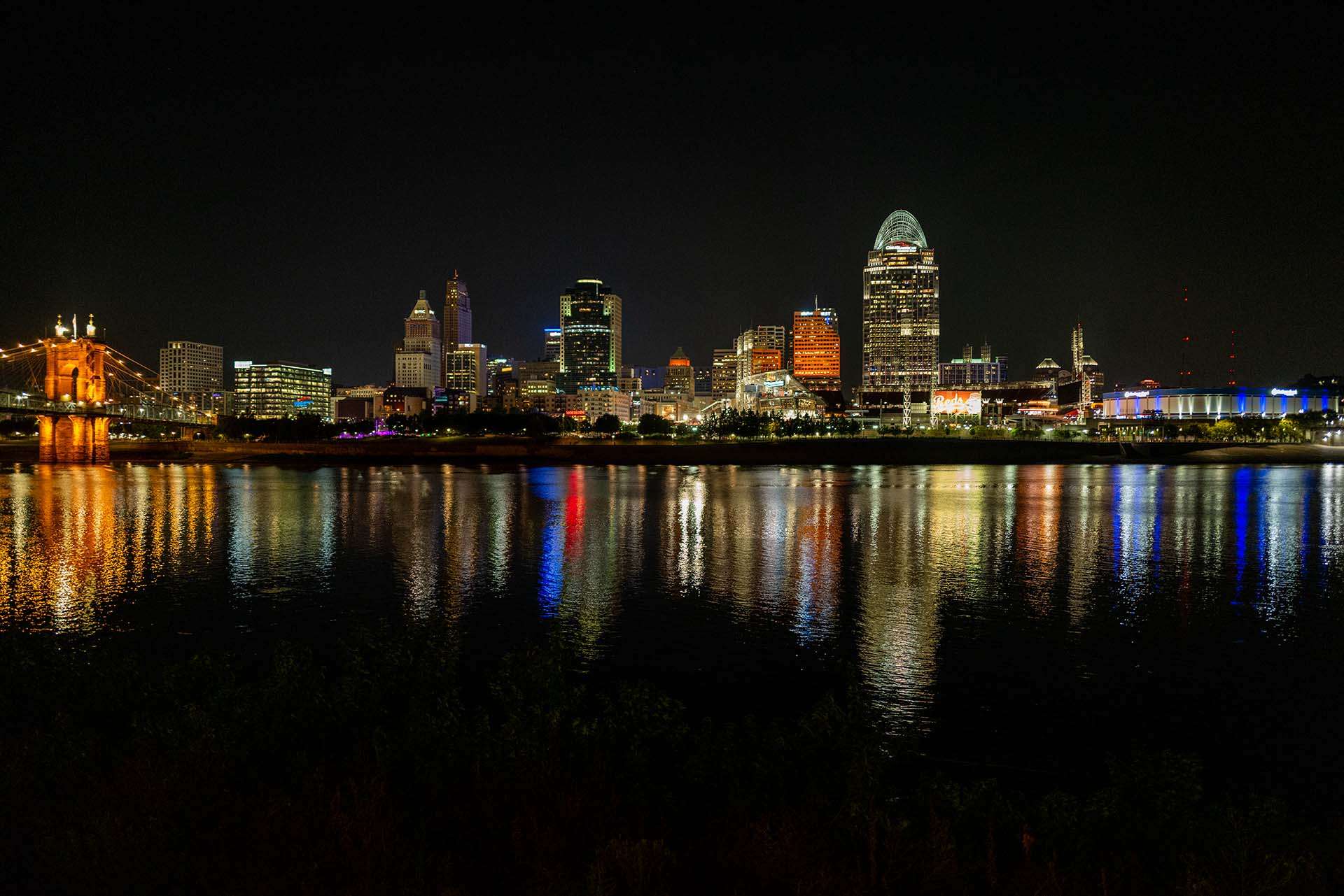 Cincinnati night skyline looking across the ohio river from Newport, kentucky